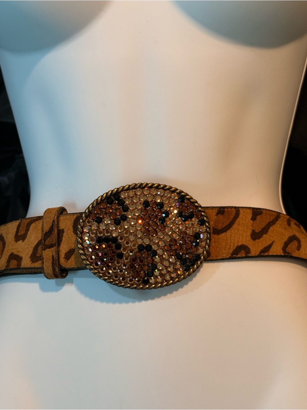 Cache Leopard Print Suede Belt with Jeweled Oval Buckle -size L